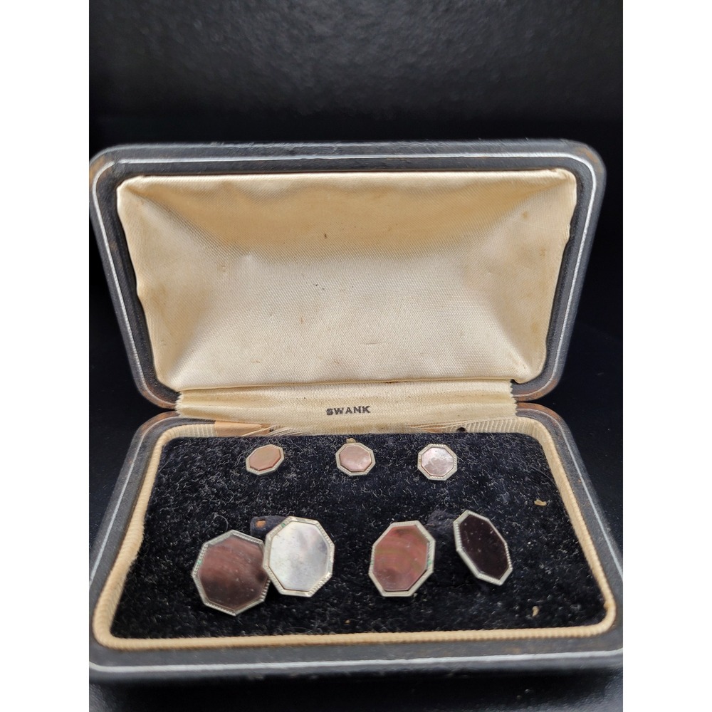 Swank Cufflink and Shirt Stud Set Silver Tone Octagonal Iridescent Good